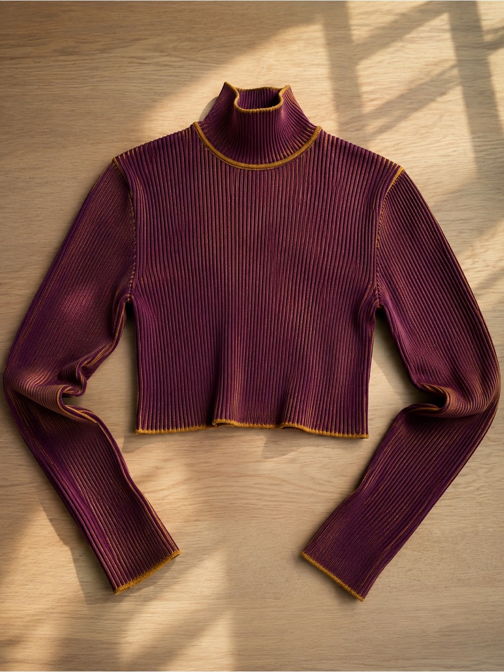 Nagnata Ribbed Cropped Turtleneck Sweater in Plum with Mustard Trim size S/M